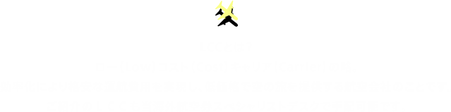 LCCとは？ロー（Low）コスト（Cost）キャリア（Carrier）の略。効率化により格安な運航費用を実現し、低価格で空の旅を提供する航空会社のことです。